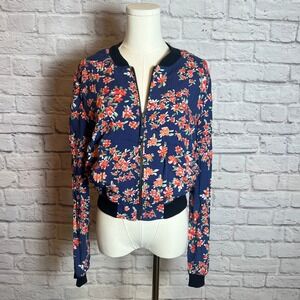 Express Women's M Navy Floral Zip Front Bomber Jacket Chic Retro Floralcore
